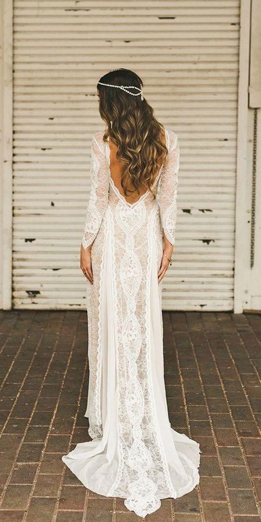 Vestido de Noiva em Renda com Bainha/Coluna, Mangas Compridas e Costas Abertas