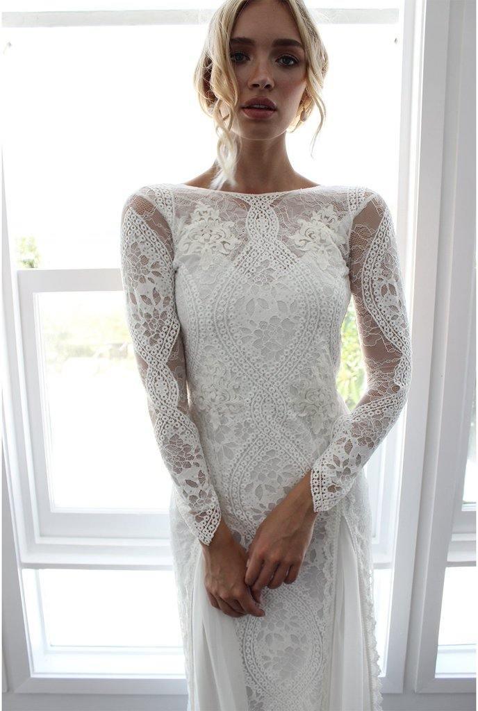 Vestido de Noiva em Renda com Bainha/Coluna, Mangas Compridas e Costas Abertas