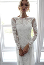 Vestido de Noiva em Renda com Bainha/Coluna, Mangas Compridas e Costas Abertas