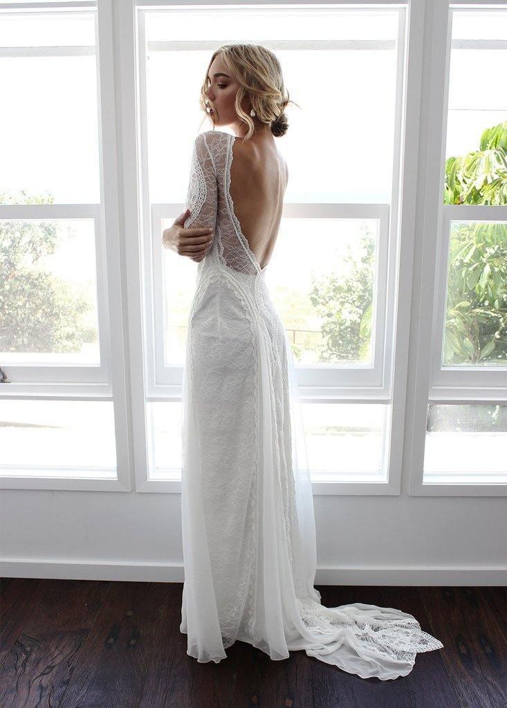 Vestido de Noiva em Renda com Bainha/Coluna, Mangas Compridas e Costas Abertas