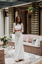 Vestido de Noiva em Renda com Bainha/Coluna, Mangas Compridas e Costas Abertas