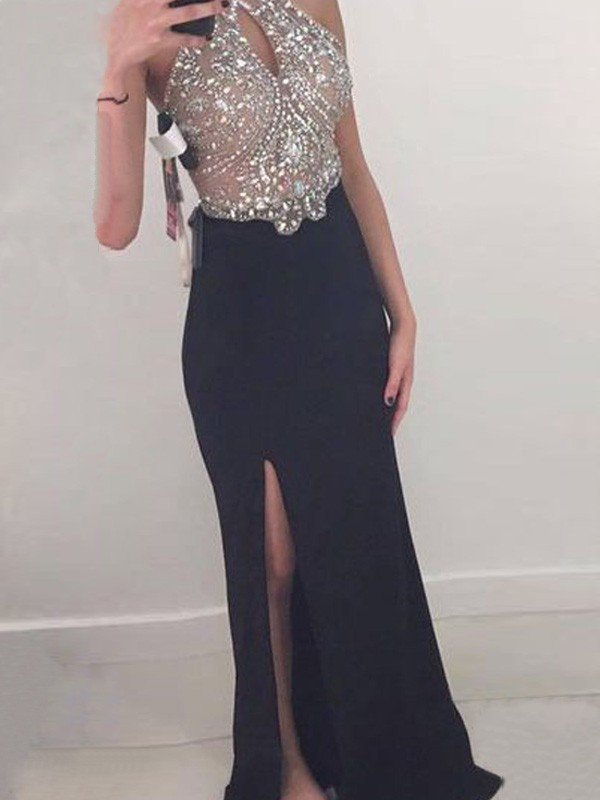 Robe de bal longue en jersey, sans manches, col licou, ornée de perles, coupe fourreau/colonne