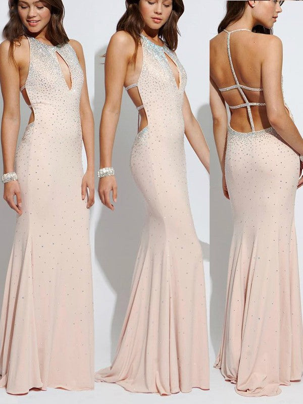 Robe de bal en jersey à perles, col halter sans manches, coupe fourreau/colonne
