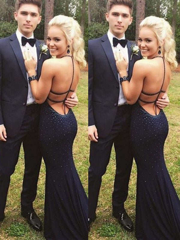 Robe de bal en jersey à perles, col halter sans manches, coupe fourreau/colonne