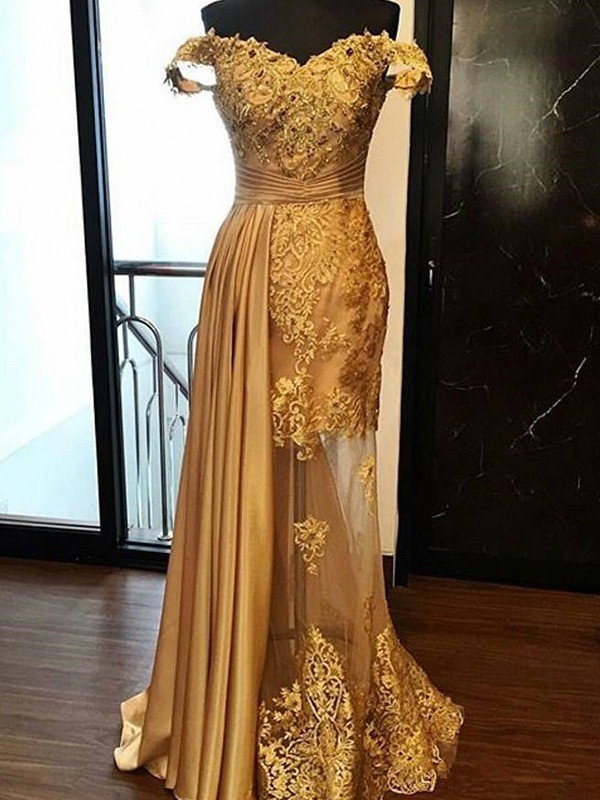 Vestidos de cerimónia justos/coluna, sem mangas, com decote ombro a ombro, aplicação, elástico, cetim tecido