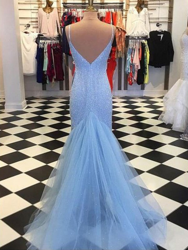 Robes de bal sans manches en tulle à fines bretelles spaghetti avec gaine et paillettes