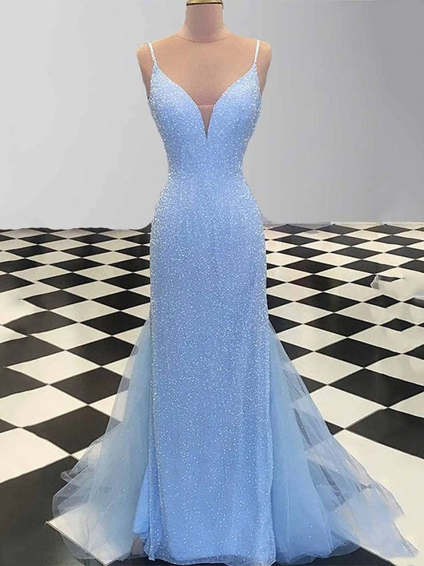 Robes de bal sans manches en tulle à fines bretelles spaghetti avec gaine et paillettes