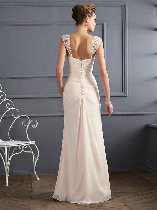Vestidos de cerimónia longos em chiffon com alças tipo bainha/coluna, sem mangas e com bordados