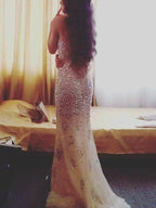 Abito da sera in chiffon senza maniche con perline, modello aderente a colonna, stile innamorato