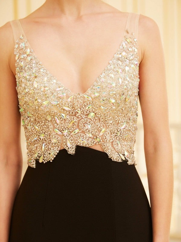 Robe de bal moulante/col en V sans manches en spandex ornée de perles