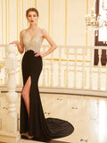 Robe de bal moulante/col en V sans manches en spandex ornée de perles