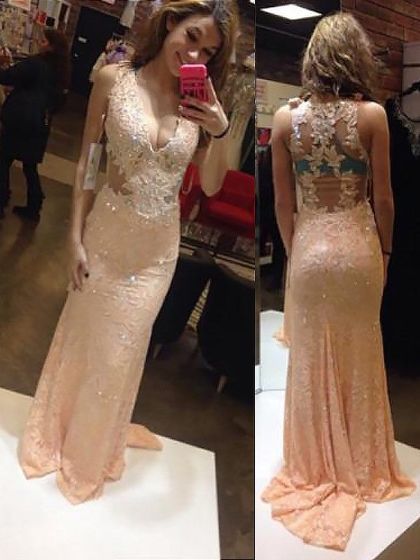 Robe de bal en satin à col en V, sans manches, ajustée, avec application