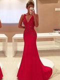 Robe de bal en crêpe extensible avec appliqué, col en V, sans manches, à gaine/colonne