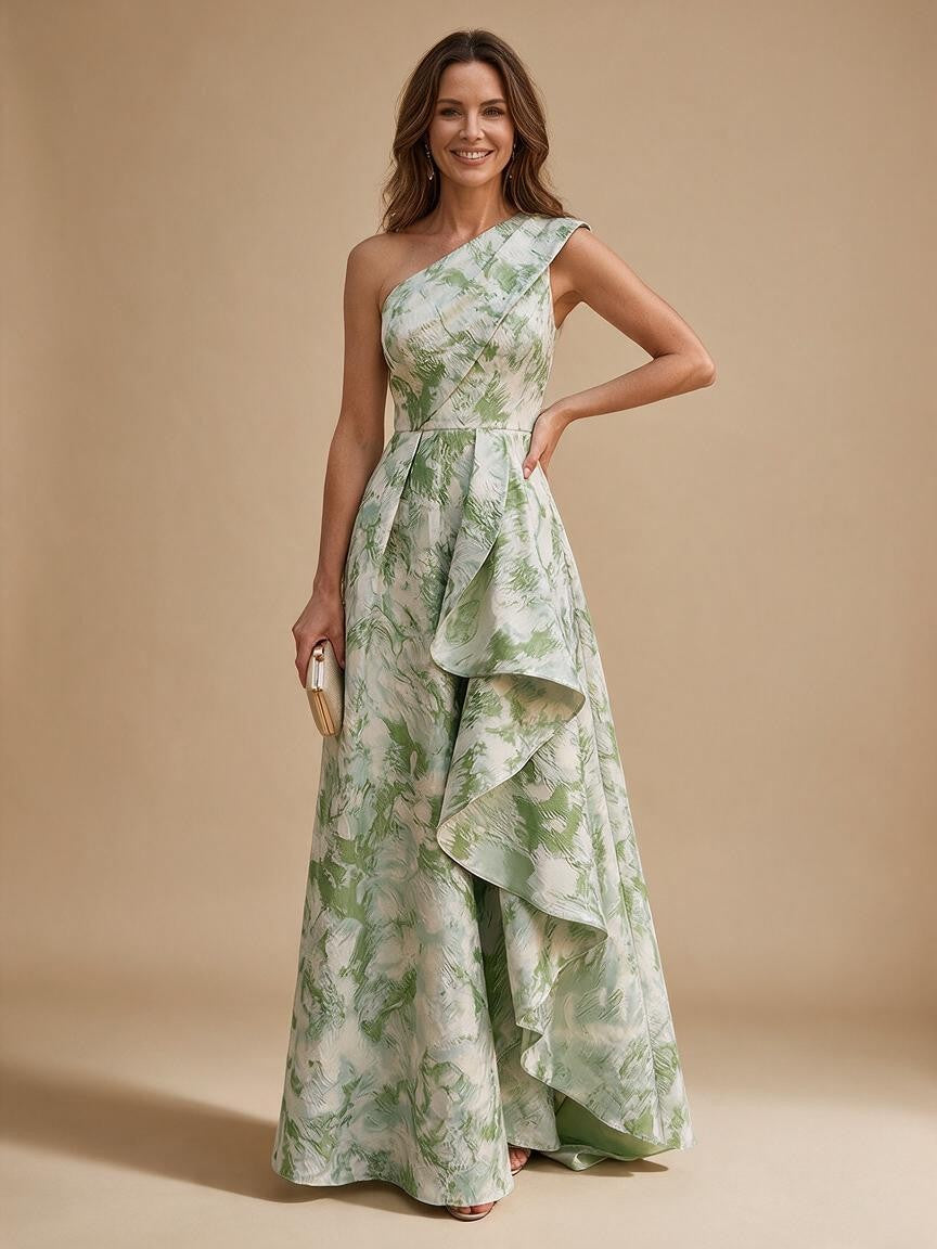 Jacquard A-Line/Princess One Shoulder Floor-Length Evening Dresses with Ruffles