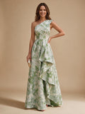 Jacquard A-Line/Princess One Shoulder Floor-Length Evening Dresses with Ruffles