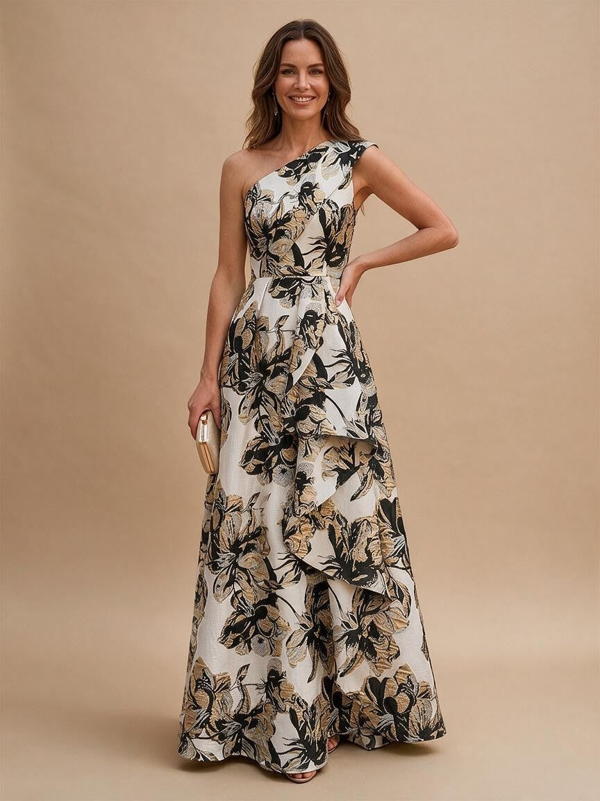 Jacquard A-Line/Princess One Shoulder Floor-Length Evening Dresses with Ruffles