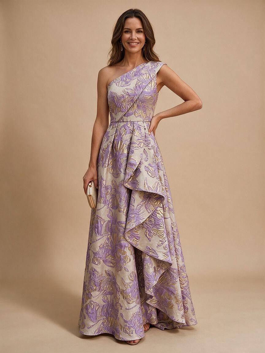 Jacquard A-Line/Princess One Shoulder Floor-Length Evening Dresses with Ruffles
