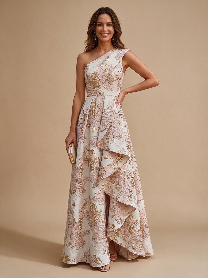 Jacquard A-Line/Princess One Shoulder Floor-Length Evening Dresses with Ruffles
