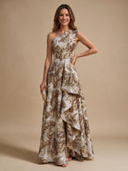 Jacquard A-Line/Princess One Shoulder Floor-Length Evening Dresses with Ruffles