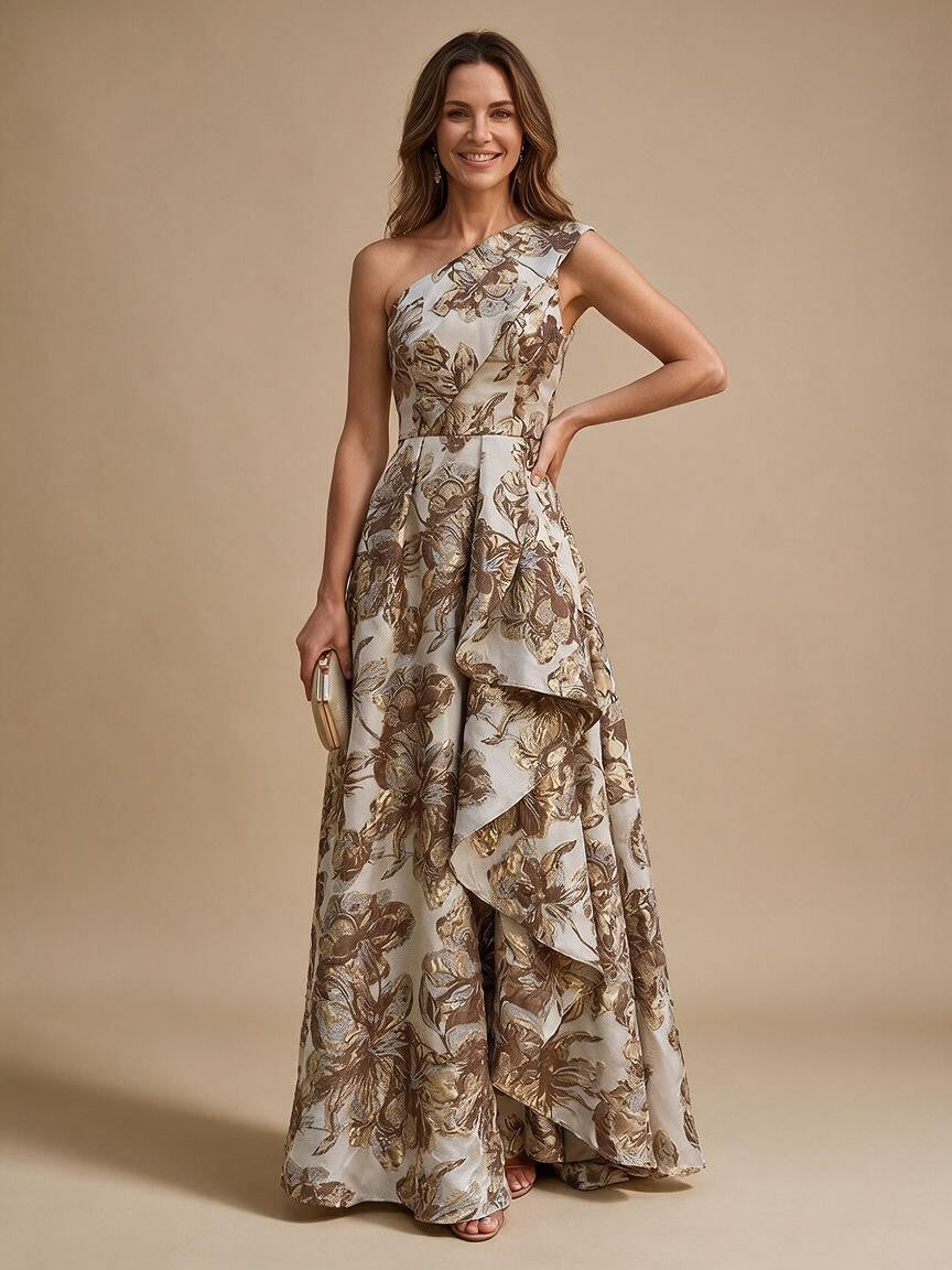Jacquard A-Line/Princess One Shoulder Floor-Length Evening Dresses with Ruffles