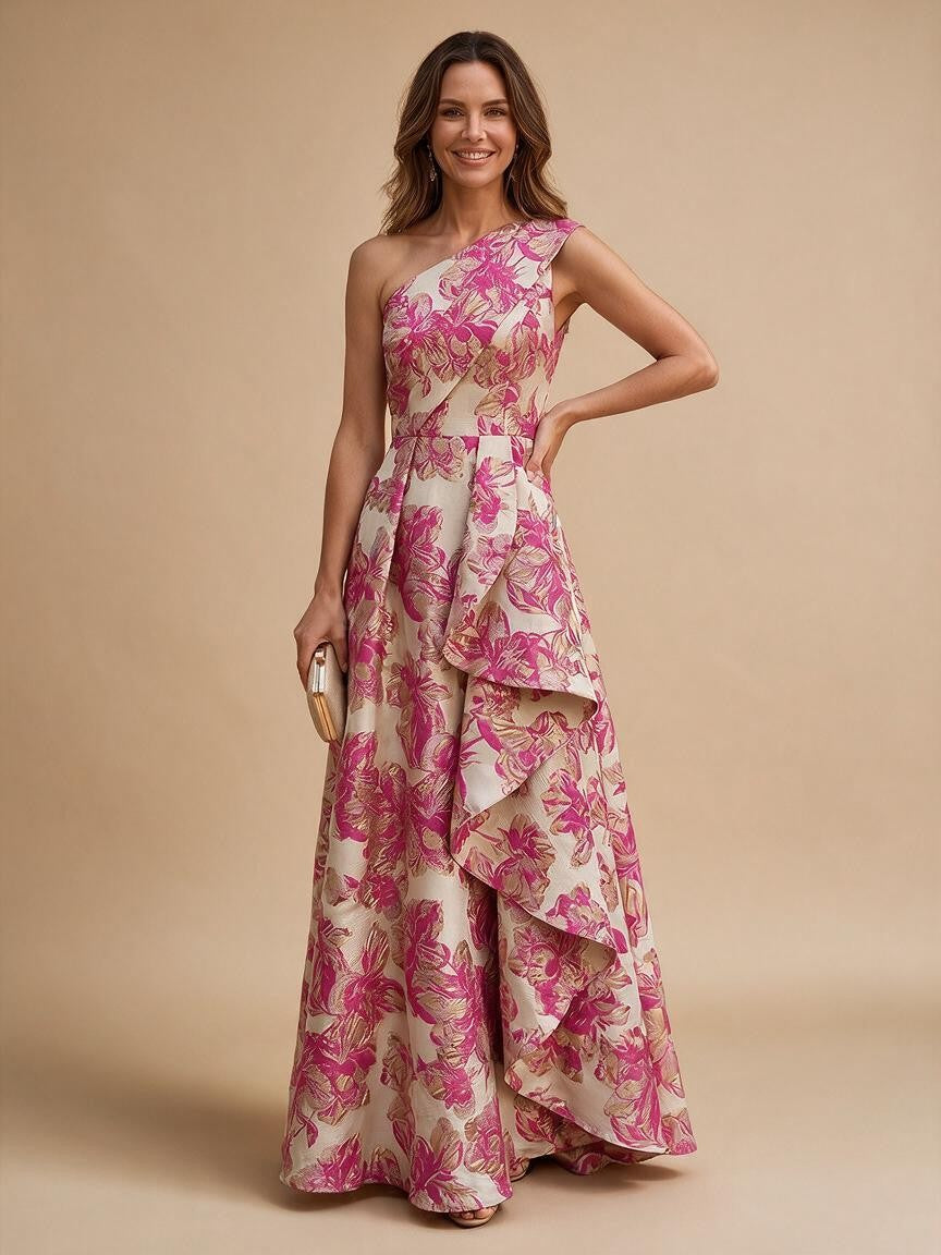 Jacquard A-Line/Princess One Shoulder Floor-Length Evening Dresses with Ruffles