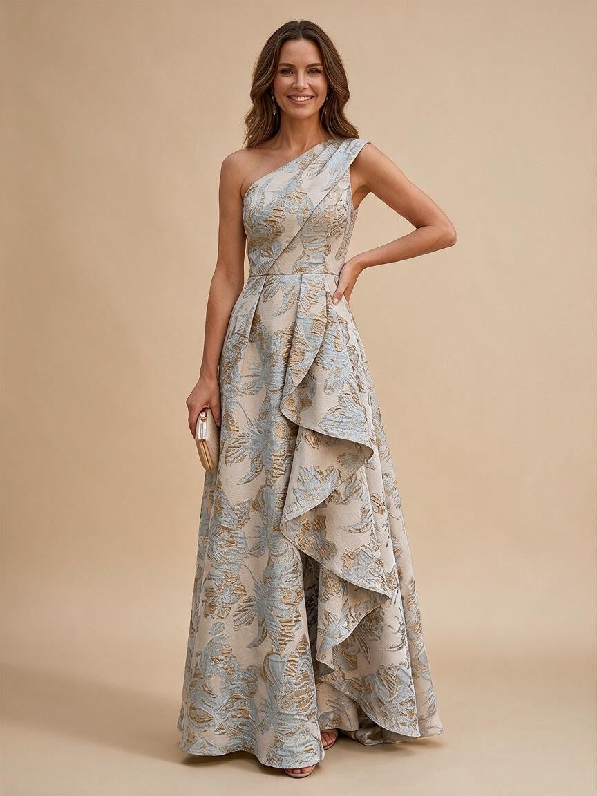Jacquard A-Line/Princess One Shoulder Floor-Length Evening Dresses with Ruffles
