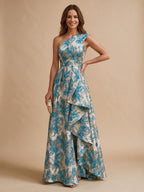 Jacquard A-Line/Princess One Shoulder Floor-Length Evening Dresses with Ruffles