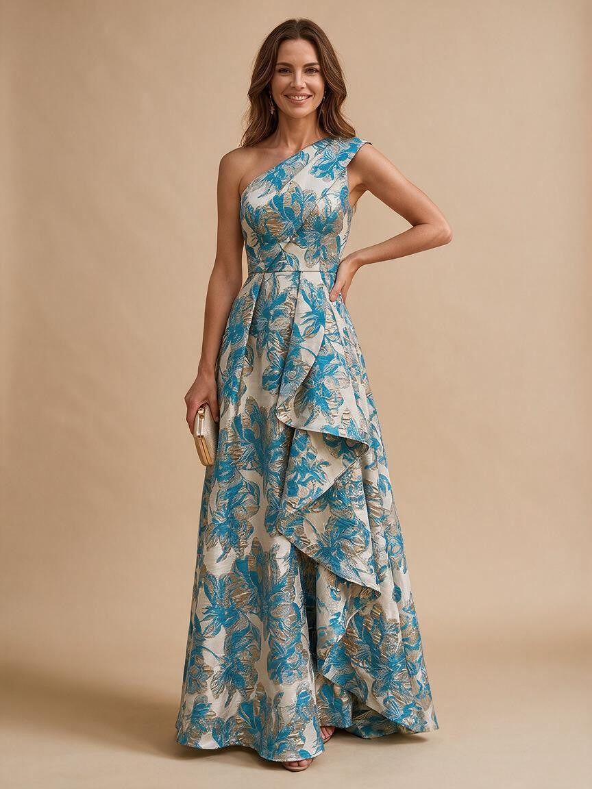 Jacquard A-Line/Princess One Shoulder Floor-Length Evening Dresses with Ruffles