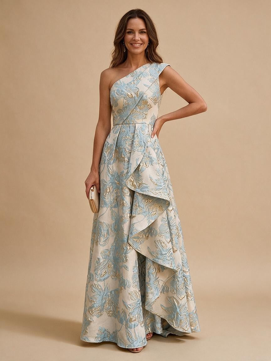 Jacquard A-Line/Princess One Shoulder Floor-Length Evening Dresses with Ruffles