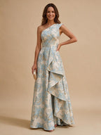 Jacquard A-Line/Princess One Shoulder Floor-Length Evening Dresses with Ruffles