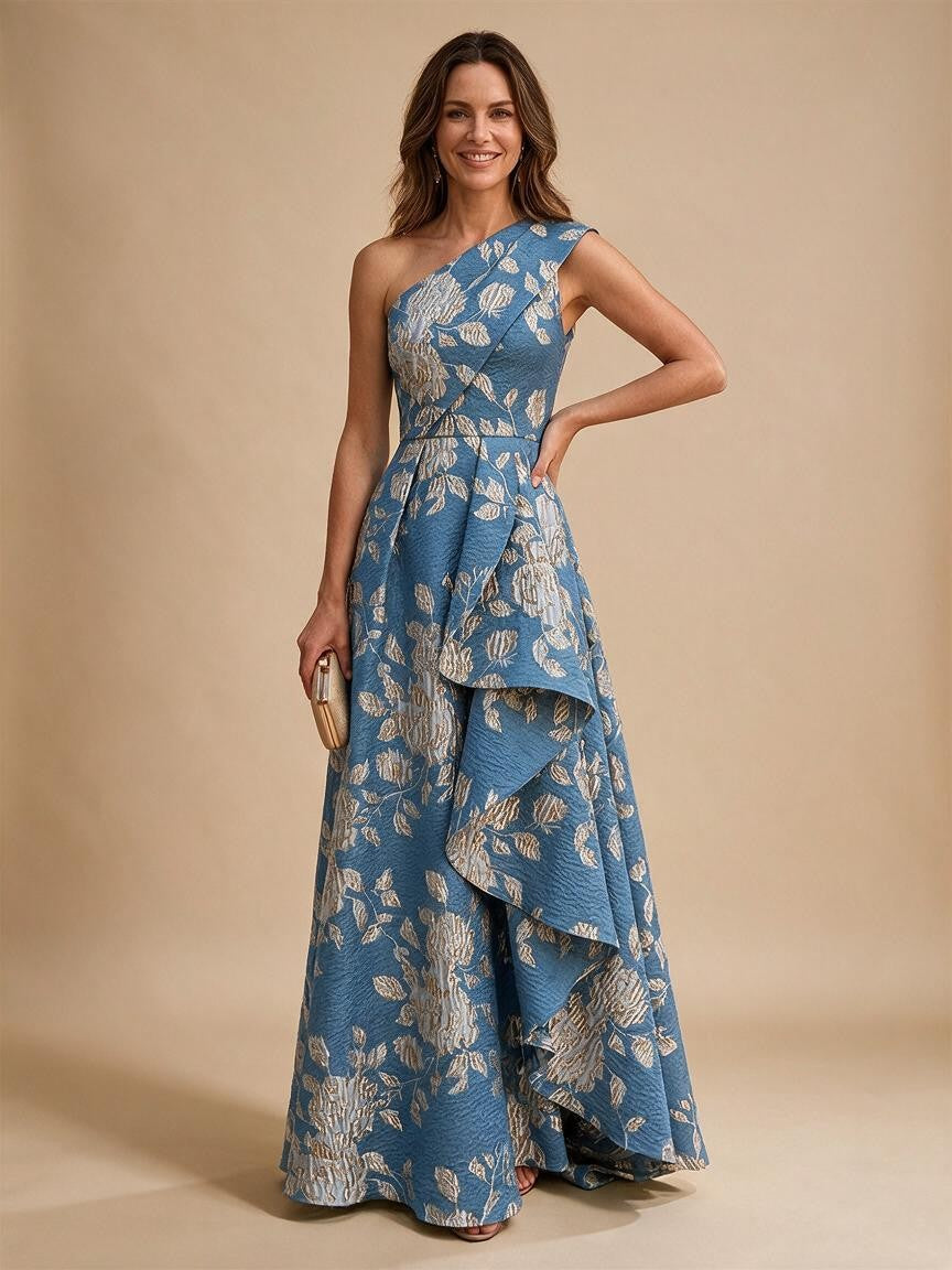 Jacquard A-Line/Princess One Shoulder Floor-Length Evening Dresses with Ruffles