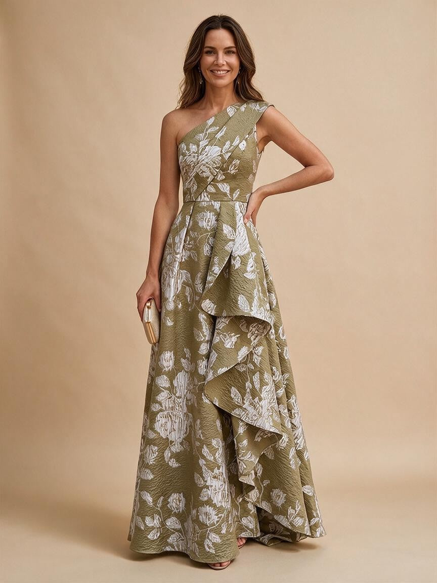 Jacquard A-Line/Princess One Shoulder Floor-Length Evening Dresses with Ruffles