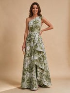 Jacquard A-Line/Princess One Shoulder Floor-Length Evening Dresses with Ruffles