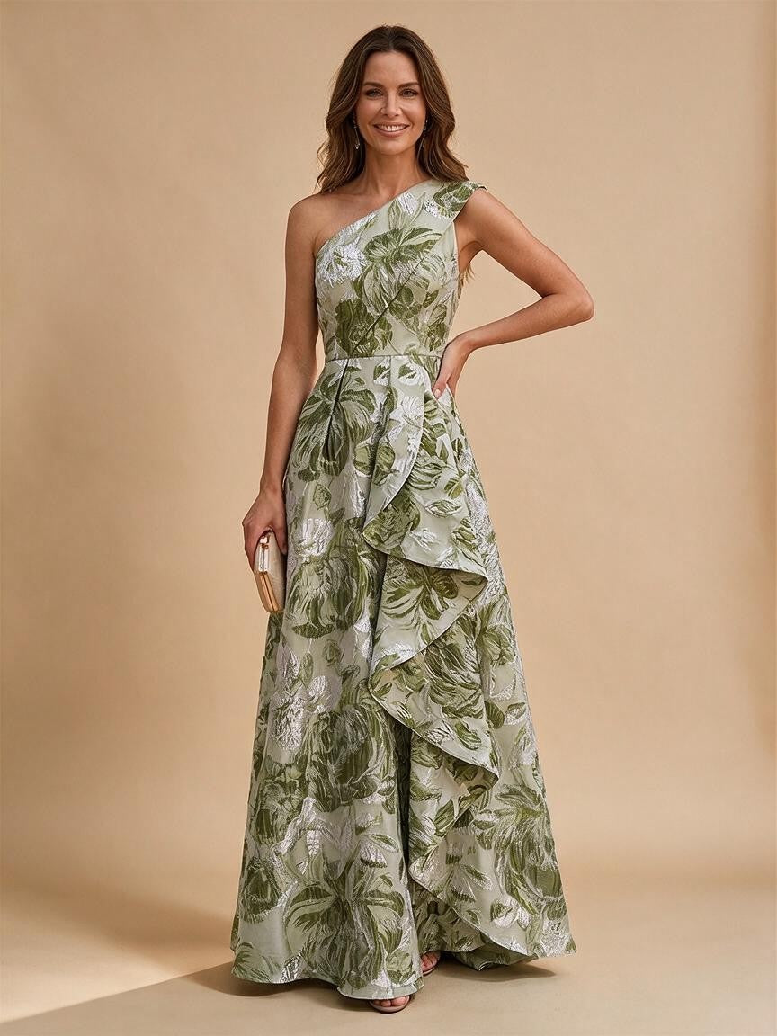 Jacquard A-Line/Princess One Shoulder Floor-Length Evening Dresses with Ruffles