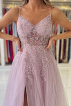 Robes de bal longues en tulle à fines bretelles roses scintillantes, coupe droite, ornées de perles