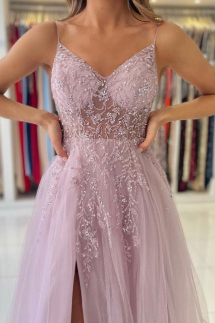 Robes de bal longues en tulle à fines bretelles roses scintillantes, coupe droite, ornées de perles
