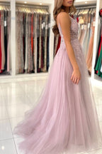 Robes de bal longues en tulle à fines bretelles roses scintillantes, coupe droite, ornées de perles