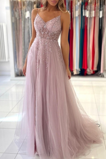 Robes de bal longues en tulle à fines bretelles roses scintillantes, coupe droite, ornées de perles