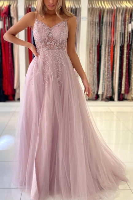 Robes de bal longues en tulle à fines bretelles roses scintillantes, coupe droite, ornées de perles