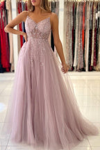 Robes de bal longues en tulle à fines bretelles roses scintillantes, coupe droite, ornées de perles