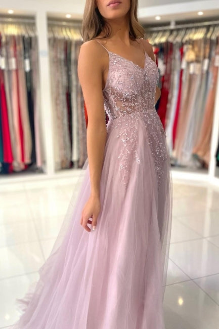 Robes de bal longues en tulle à fines bretelles roses scintillantes, coupe droite, ornées de perles