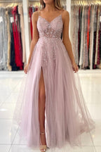 Robes de bal longues en tulle à fines bretelles roses scintillantes, coupe droite, ornées de perles