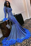 Vestidos de Baile Sereia Compridos com Gola Cowl Azul Brilhante e Mangas Compridas