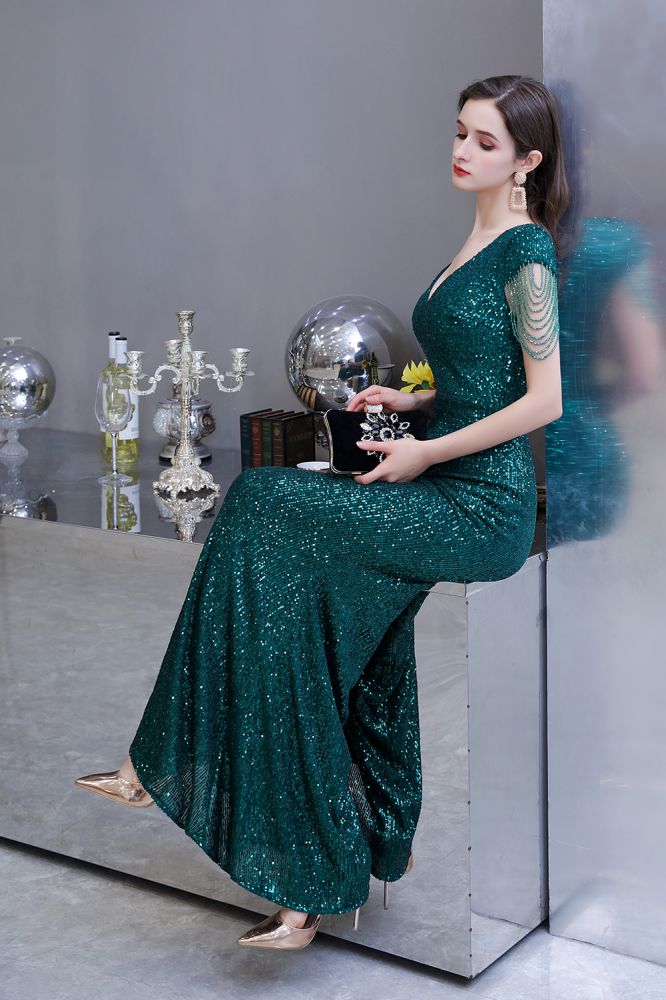 Shining Sequins Emerald Green Mermaid Evening Party Gown with  Tassels Sleeves