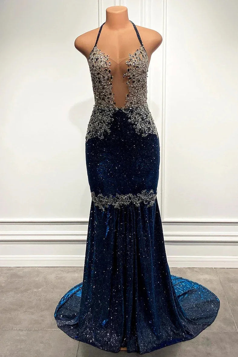 Vestidos de Baile de Sereia com Lantejoulas Brilhantes, Decote em V, Sem Mangas e Comprimento até ao Chão