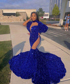Vestidos de fiesta sirena de encaje azul real brillante, de manga larga y cuello alto, hasta el suelo
