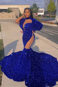 Vestidos de fiesta sirena de encaje azul real brillante, de manga larga y cuello alto, hasta el suelo