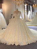 Abiti da sposa lunghi a linea ad A lucidi con perline complete e allacciatura con maniche