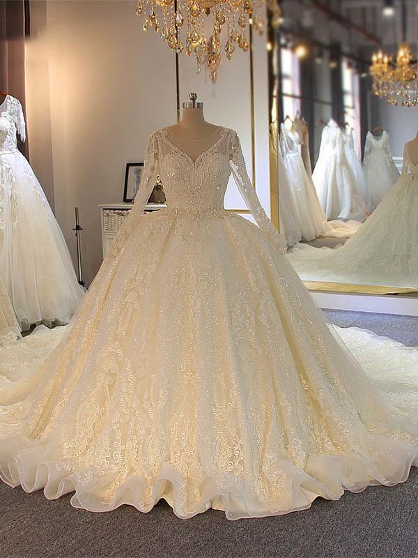 Abiti da sposa lunghi a linea ad A lucidi con perline complete e allacciatura con maniche