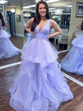 Robes longues de soirée formelles en tulle duveteux, coupe trapèze brillante avec col en V